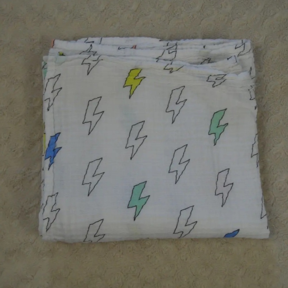 Okie Dokie Lightning Bolts Baby Swaddle Blanket White Muslin Blue Green Black